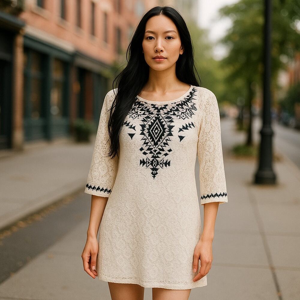 Express Womens Dress Sz XS Cream Black Aztec Tribal Embroidered Lace Overlay NEW
